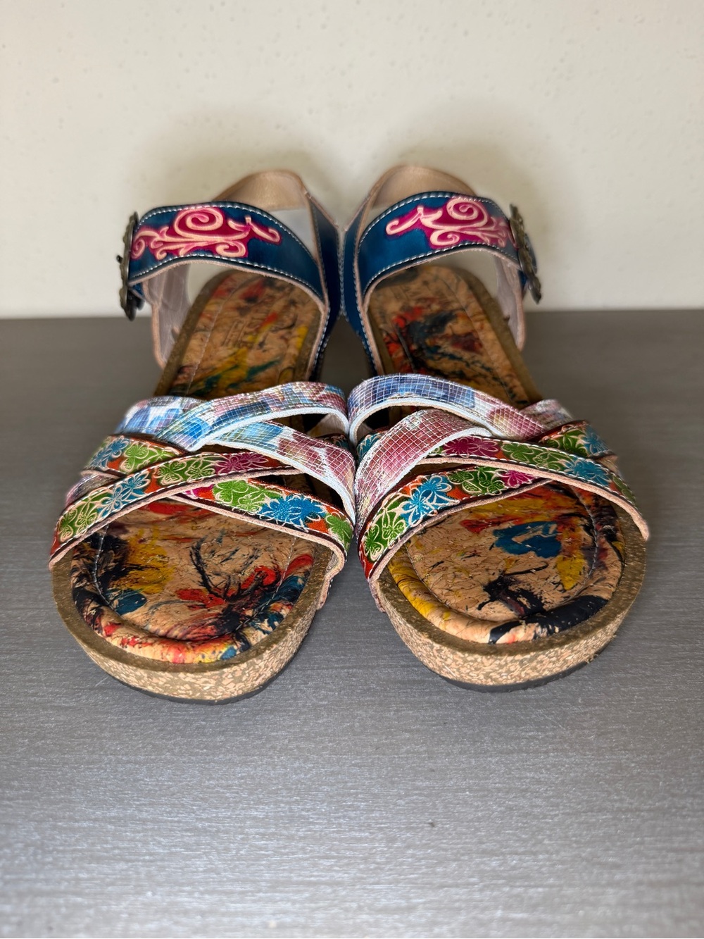 L'Artiste Audrie Spring Step Floral Strappy Leather Cork Wedge Sandals US 7 - Picture 5 of 11